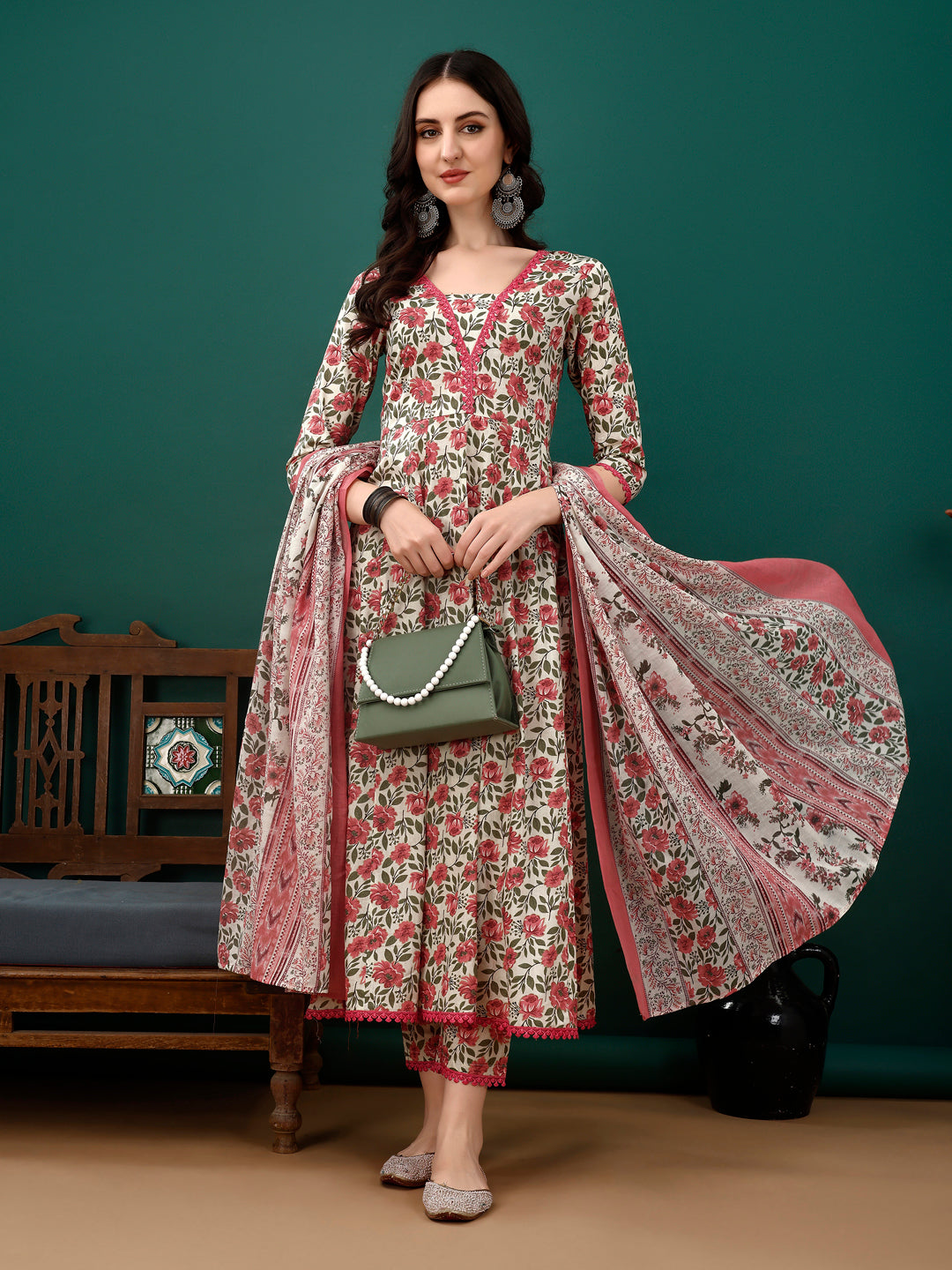 Floral Printed Anarkali Kurta With Pant & Dupatta Luxury Premium, Pink - Hiral Fashion