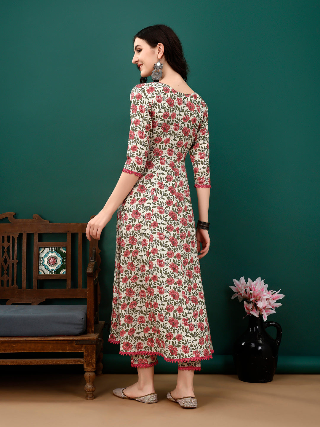 Floral Printed Anarkali Kurta With Pant & Dupatta Luxury Premium, Pink - Hiral Fashion