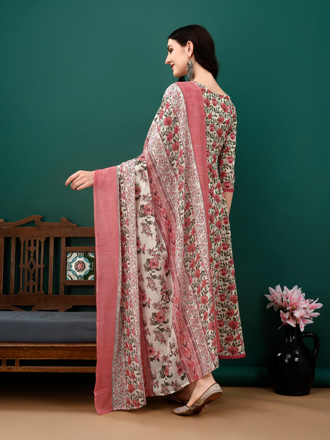 Floral Printed Anarkali Kurta With Pant & Dupatta Luxury Premium, Pink - Hiral Fashion