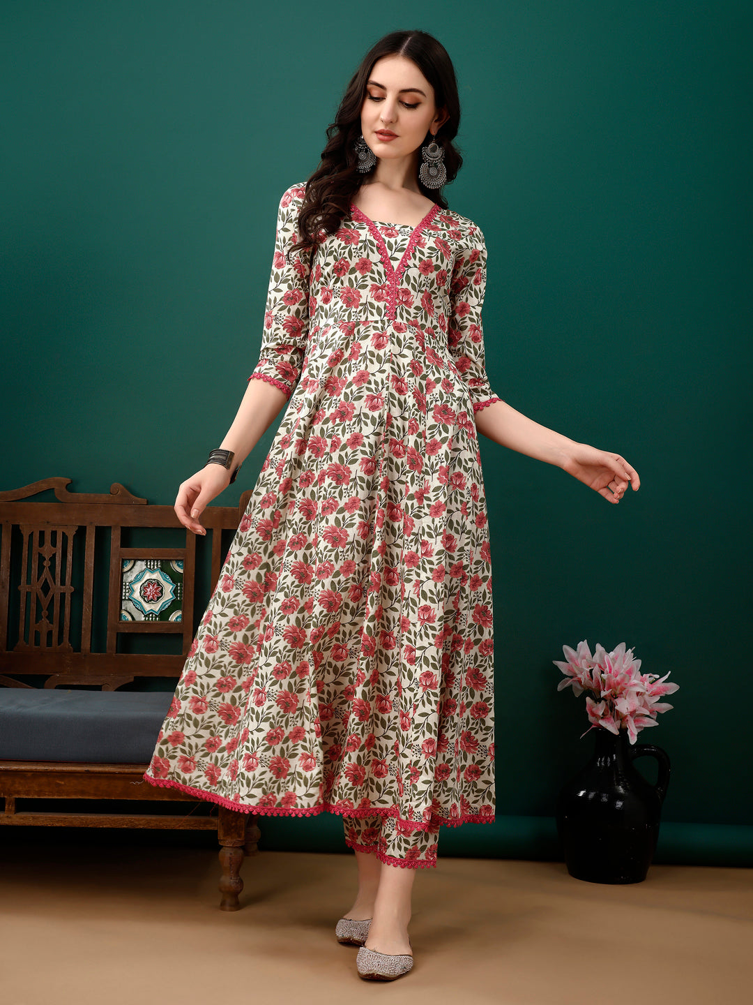 Floral Printed Anarkali Kurta With Pant & Dupatta Luxury Premium, Pink - Hiral Fashion
