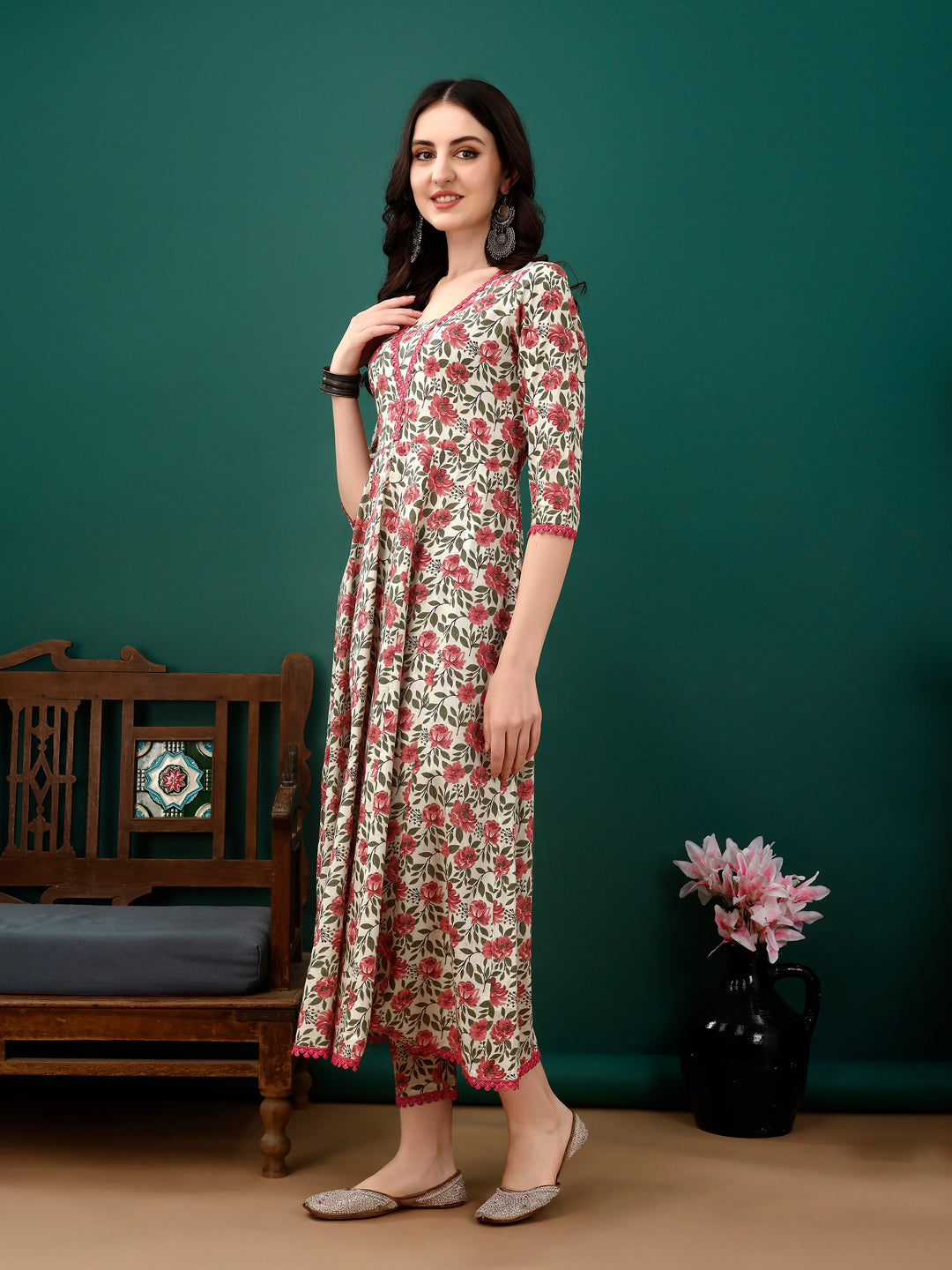 Floral Printed Anarkali Kurta With Pant & Dupatta Luxury Premium, Pink - Hiral Fashion