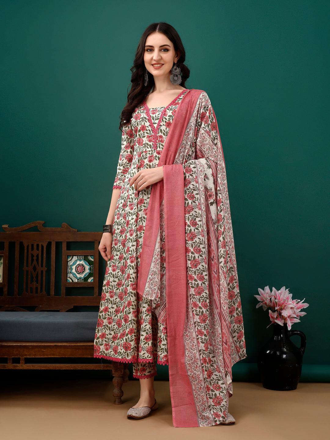 Floral Printed Anarkali Kurta With Pant & Dupatta Luxury Premium, Pink - Hiral Fashion