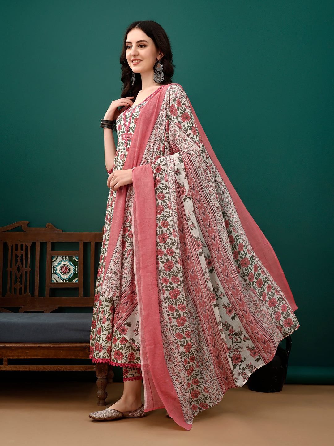 Floral Printed Anarkali Kurta With Pant & Dupatta Luxury Premium, Pink - Hiral Fashion
