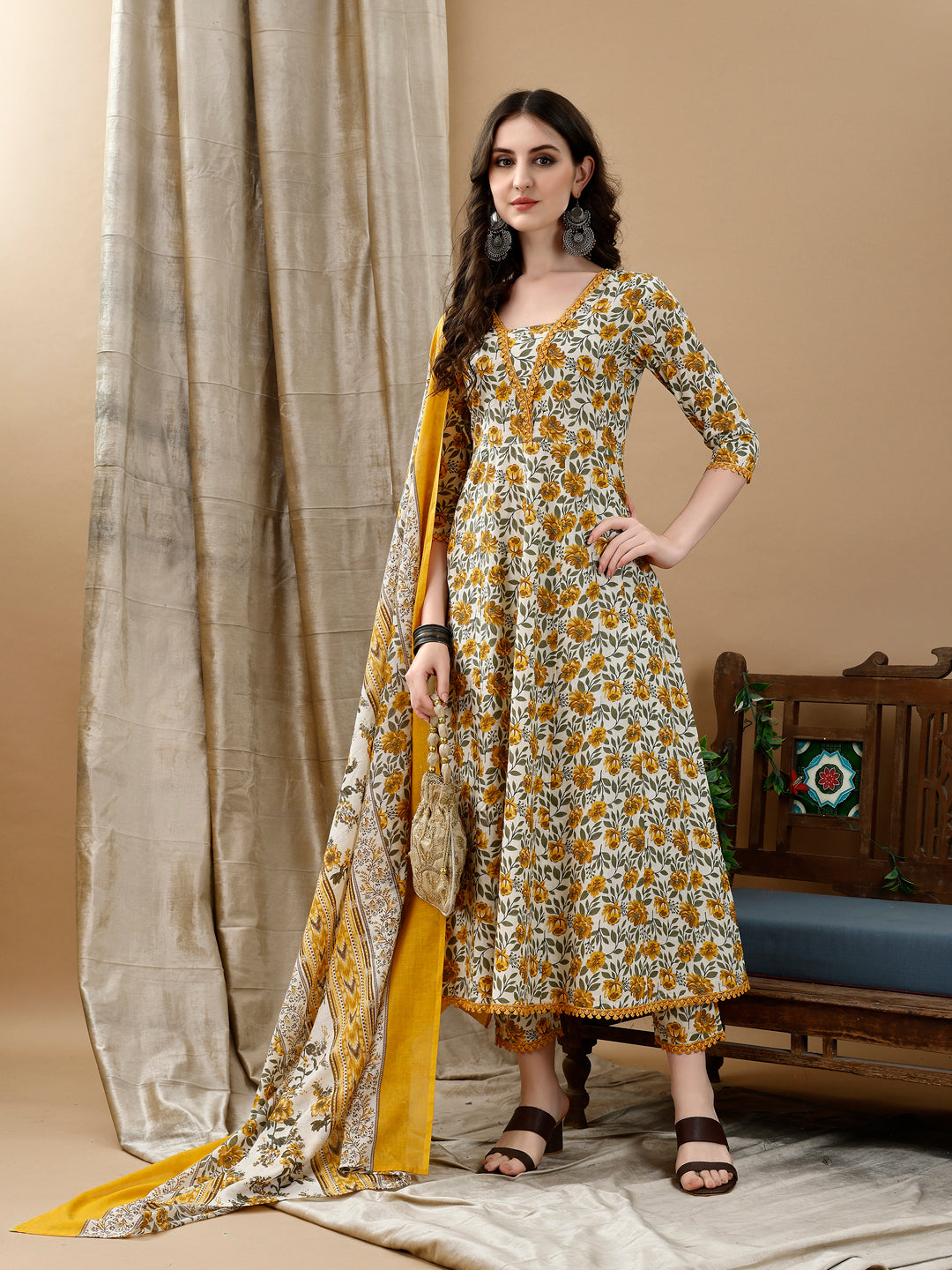 Floral Printed Anarkali Kurta With Pant & Dupatta Luxury Premium, Multicolor - Hiral Fashion
