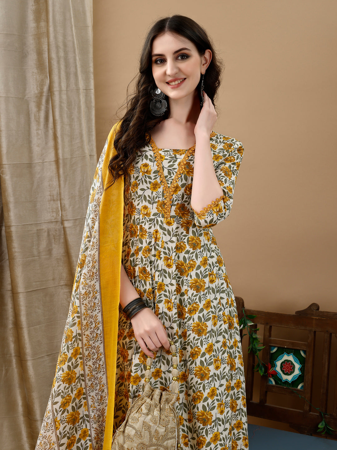 Floral Printed Anarkali Kurta With Pant & Dupatta Luxury Premium, Multicolor - Hiral Fashion