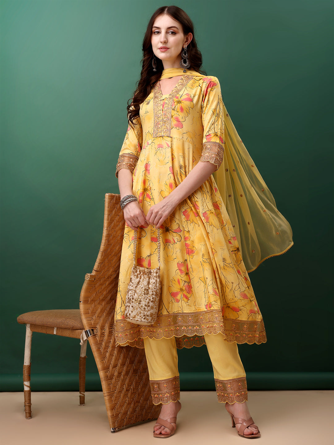 Embroidered & Floral Printed Flared Kurta With Pant & Dupatta, Yellow - Hiral Fashion