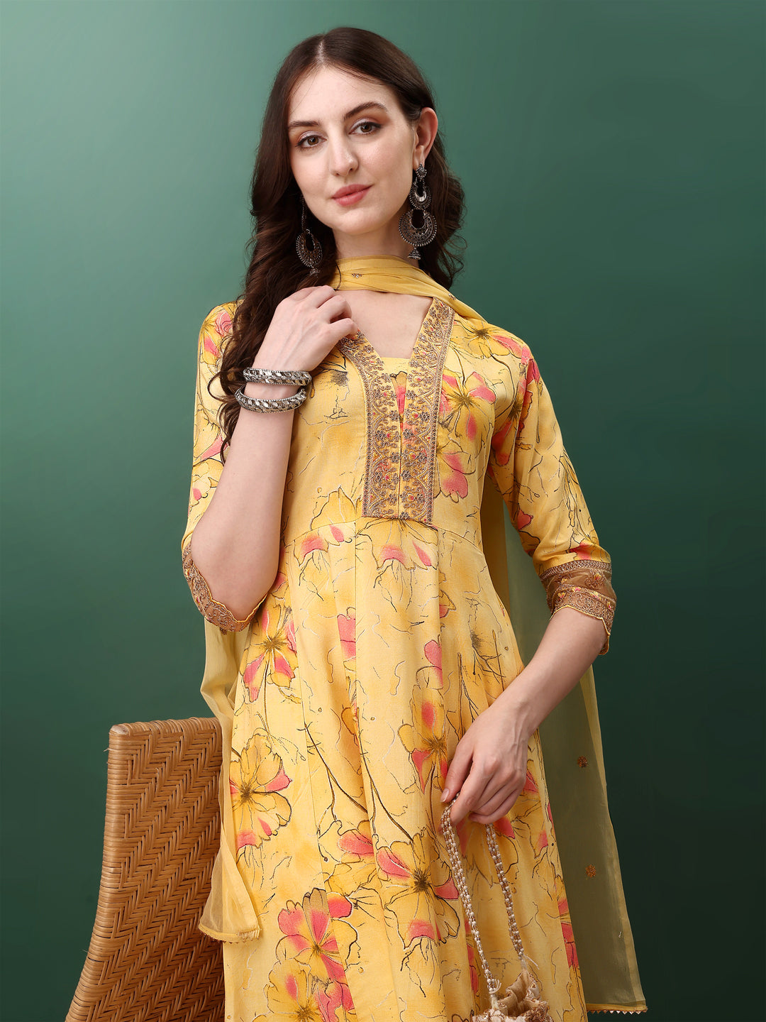 Embroidered & Floral Printed Flared Kurta With Pant & Dupatta, Yellow - Hiral Fashion