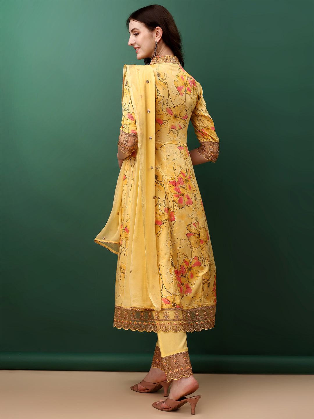 Embroidered & Floral Printed Flared Kurta With Pant & Dupatta, Yellow - Hiral Fashion