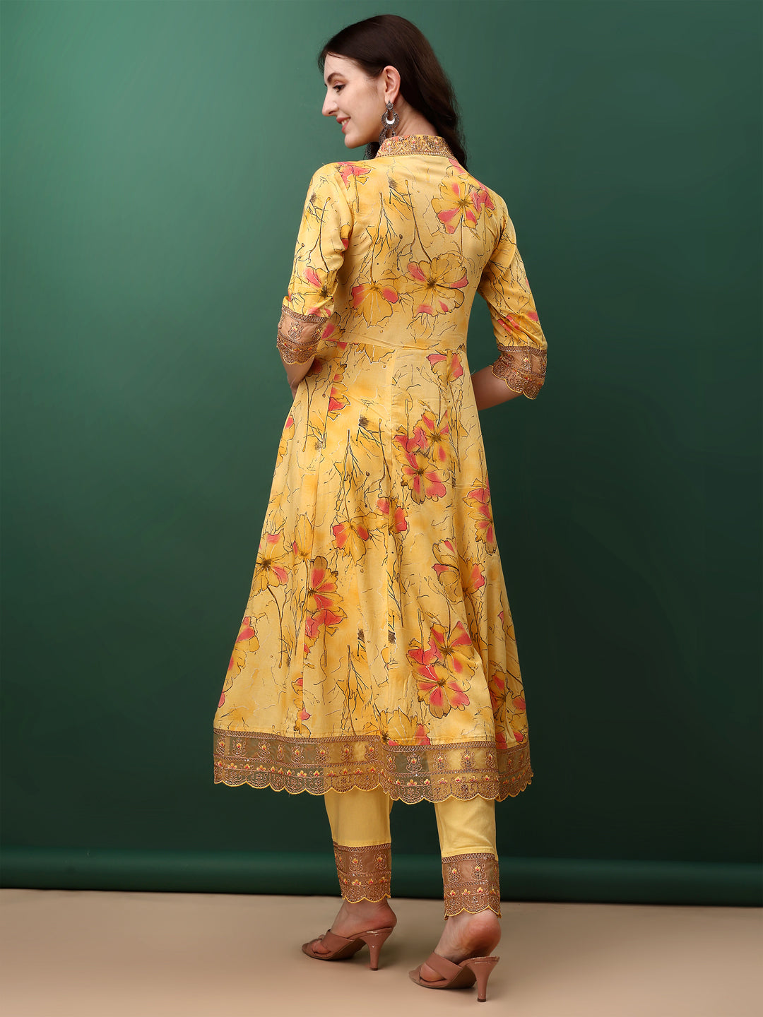 Embroidered & Floral Printed Flared Kurta With Pant & Dupatta, Yellow - Hiral Fashion