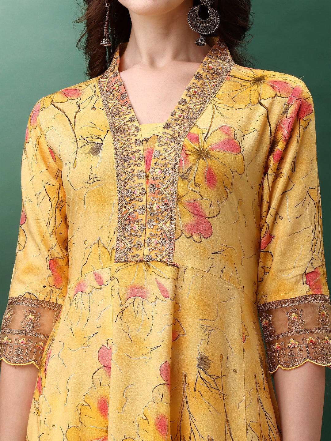 Embroidered & Floral Printed Flared Kurta With Pant & Dupatta, Yellow - Hiral Fashion