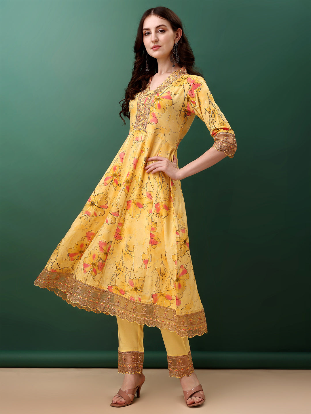 Embroidered & Floral Printed Flared Kurta With Pant & Dupatta, Yellow - Hiral Fashion