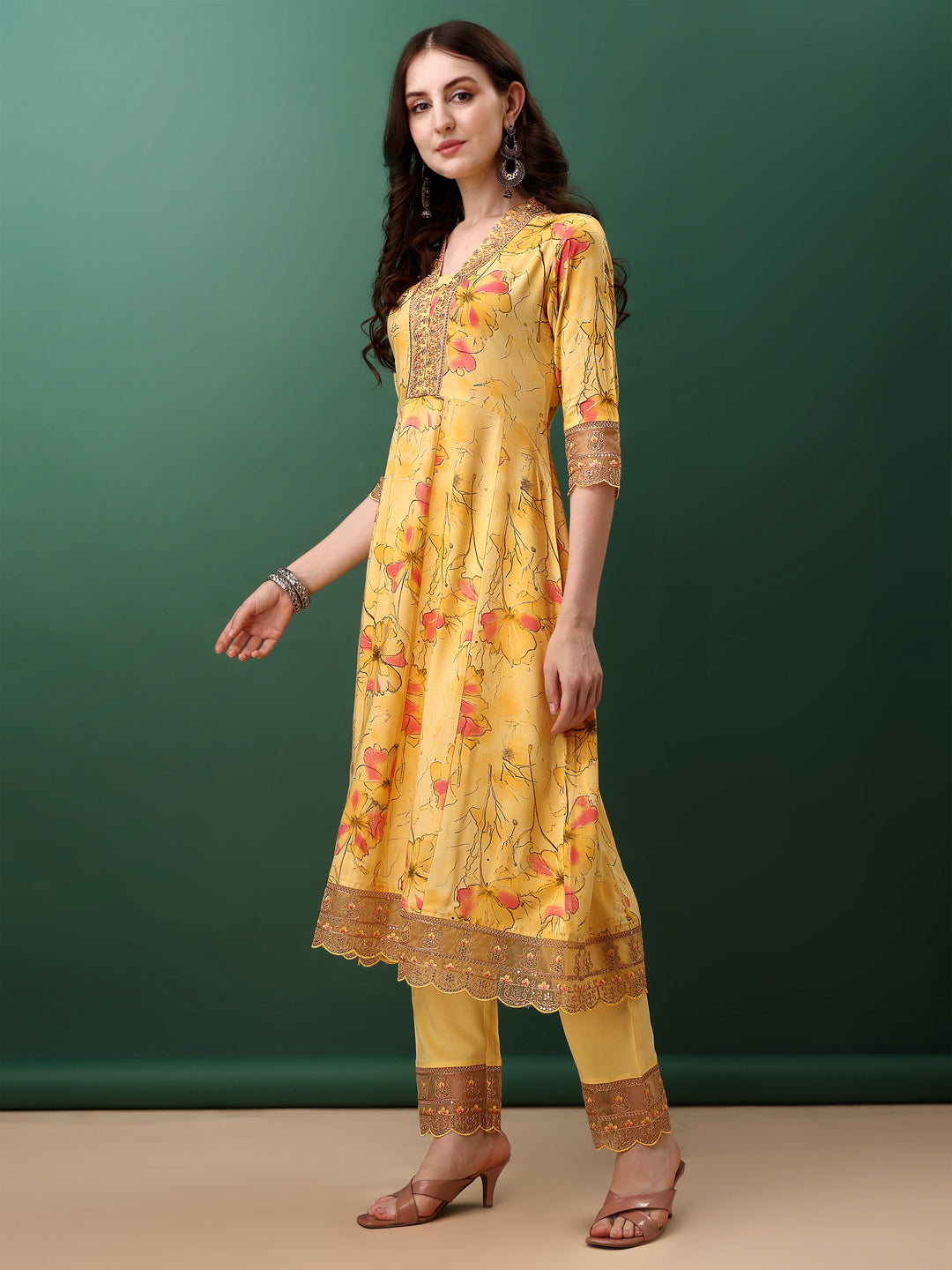 Embroidered & Floral Printed Flared Kurta With Pant & Dupatta, Yellow - Hiral Fashion