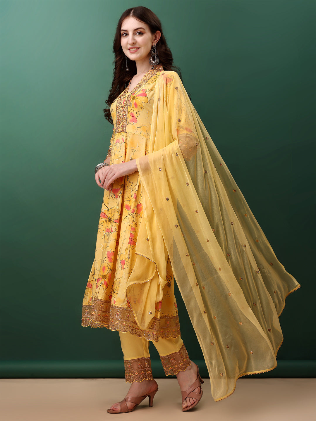 Embroidered & Floral Printed Flared Kurta With Pant & Dupatta, Yellow - Hiral Fashion