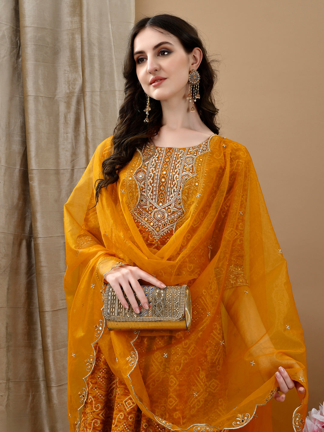 Embroidered & Bandhani Printed Flared Kurta With Pant & Printed Dupatta, Mustard - Hiral Fashion