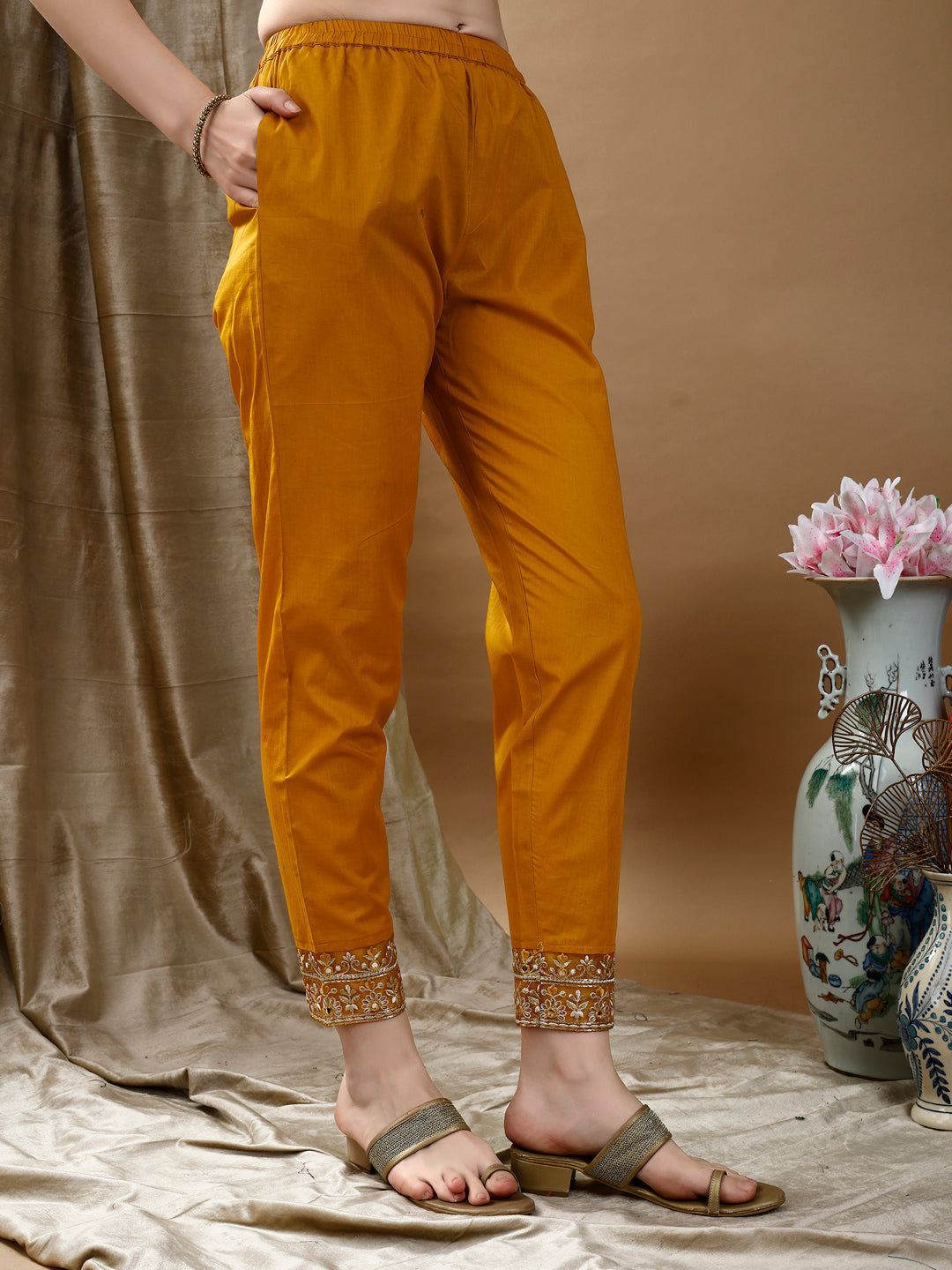 Embroidered & Bandhani Printed Flared Kurta With Pant & Printed Dupatta, Mustard - Hiral Fashion