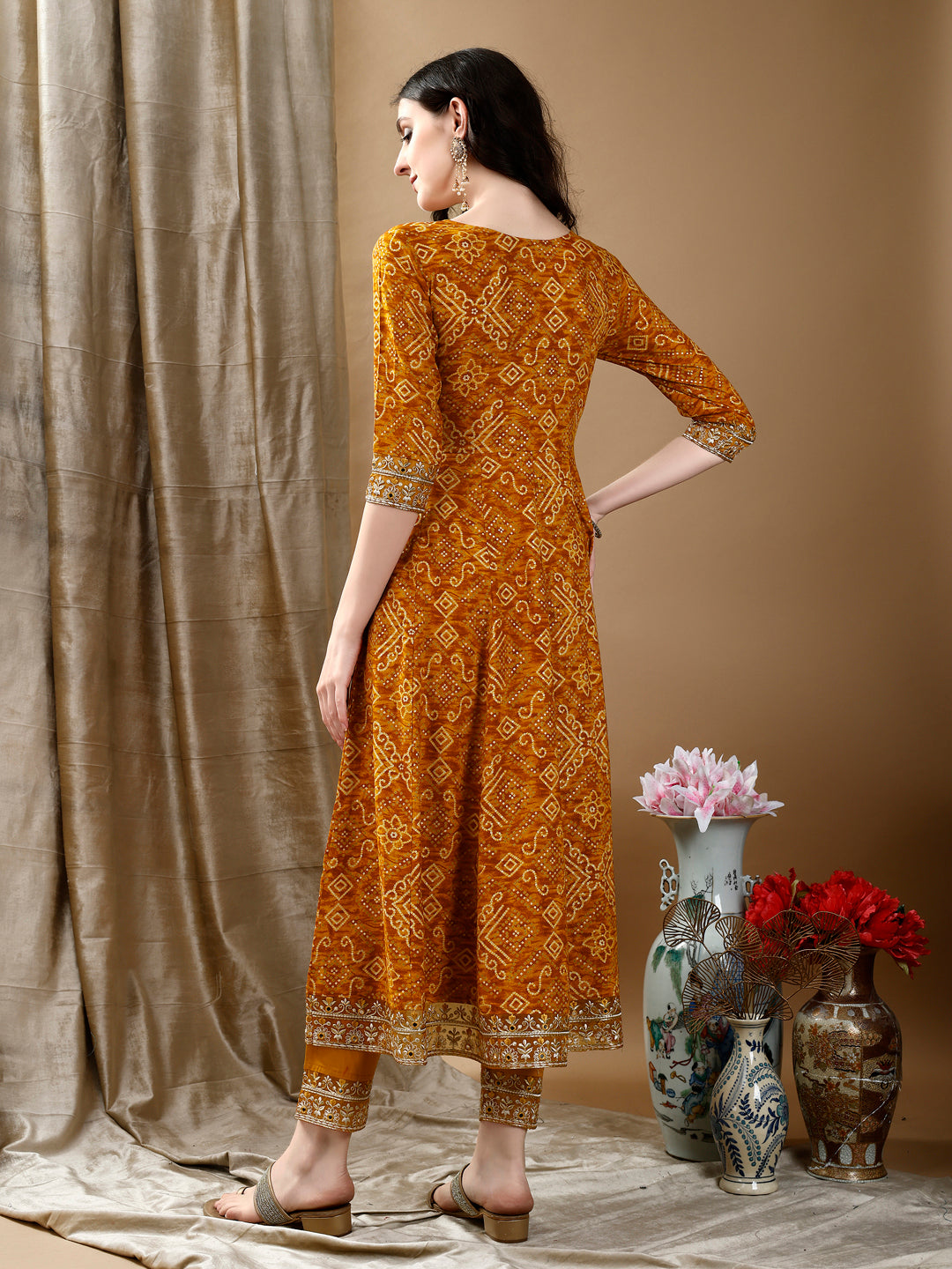 Embroidered & Bandhani Printed Flared Kurta With Pant & Printed Dupatta, Mustard - Hiral Fashion