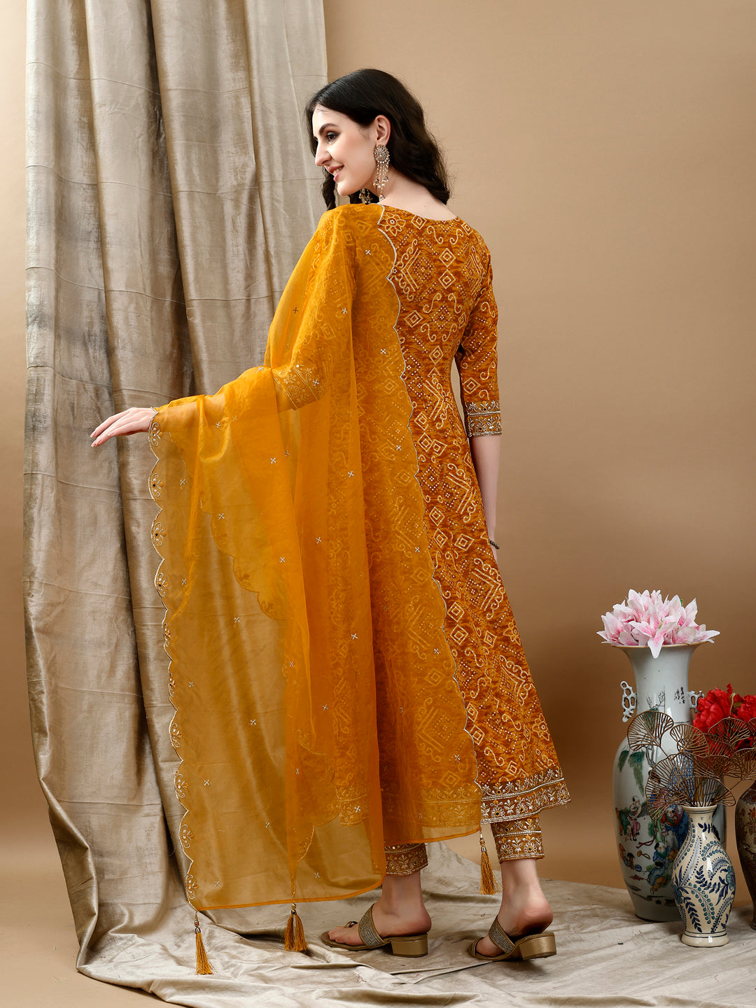 Embroidered & Bandhani Printed Flared Kurta With Pant & Printed Dupatta, Mustard - Hiral Fashion