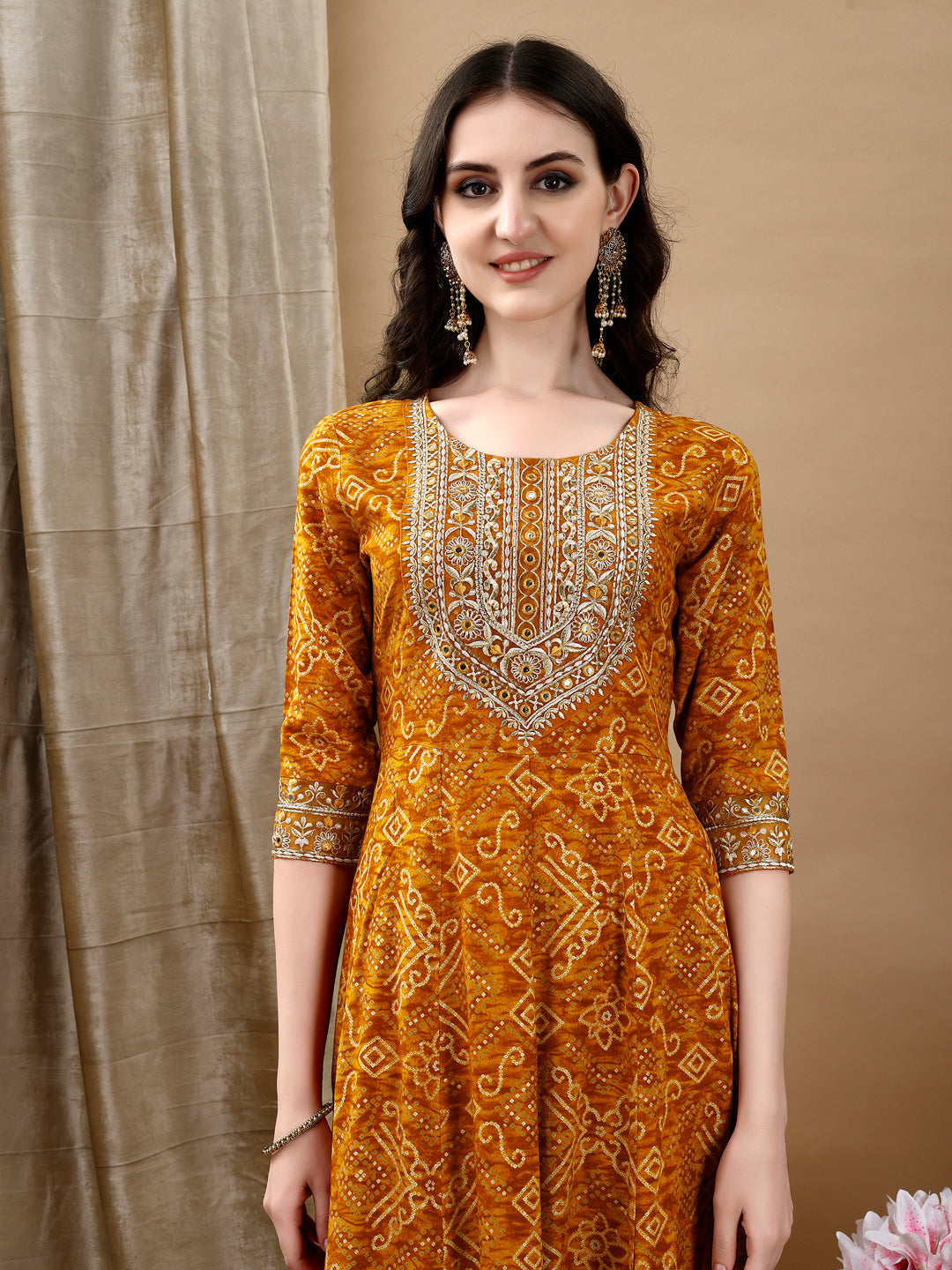 Embroidered & Bandhani Printed Flared Kurta With Pant & Printed Dupatta, Mustard - Hiral Fashion