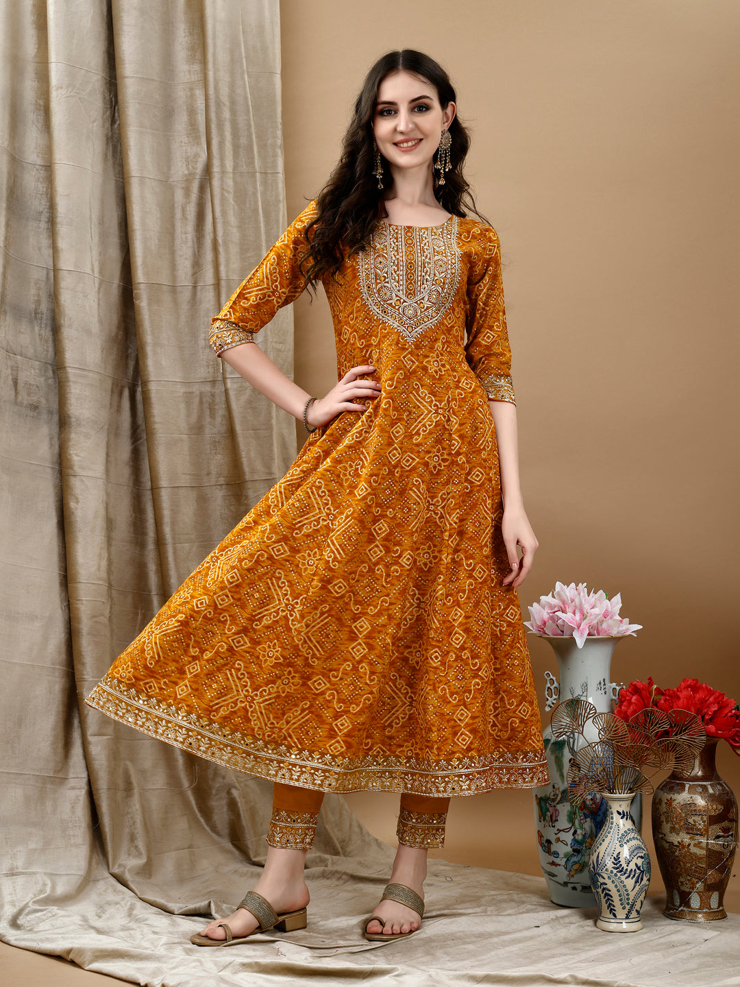 Embroidered & Bandhani Printed Flared Kurta With Pant & Printed Dupatta, Mustard - Hiral Fashion