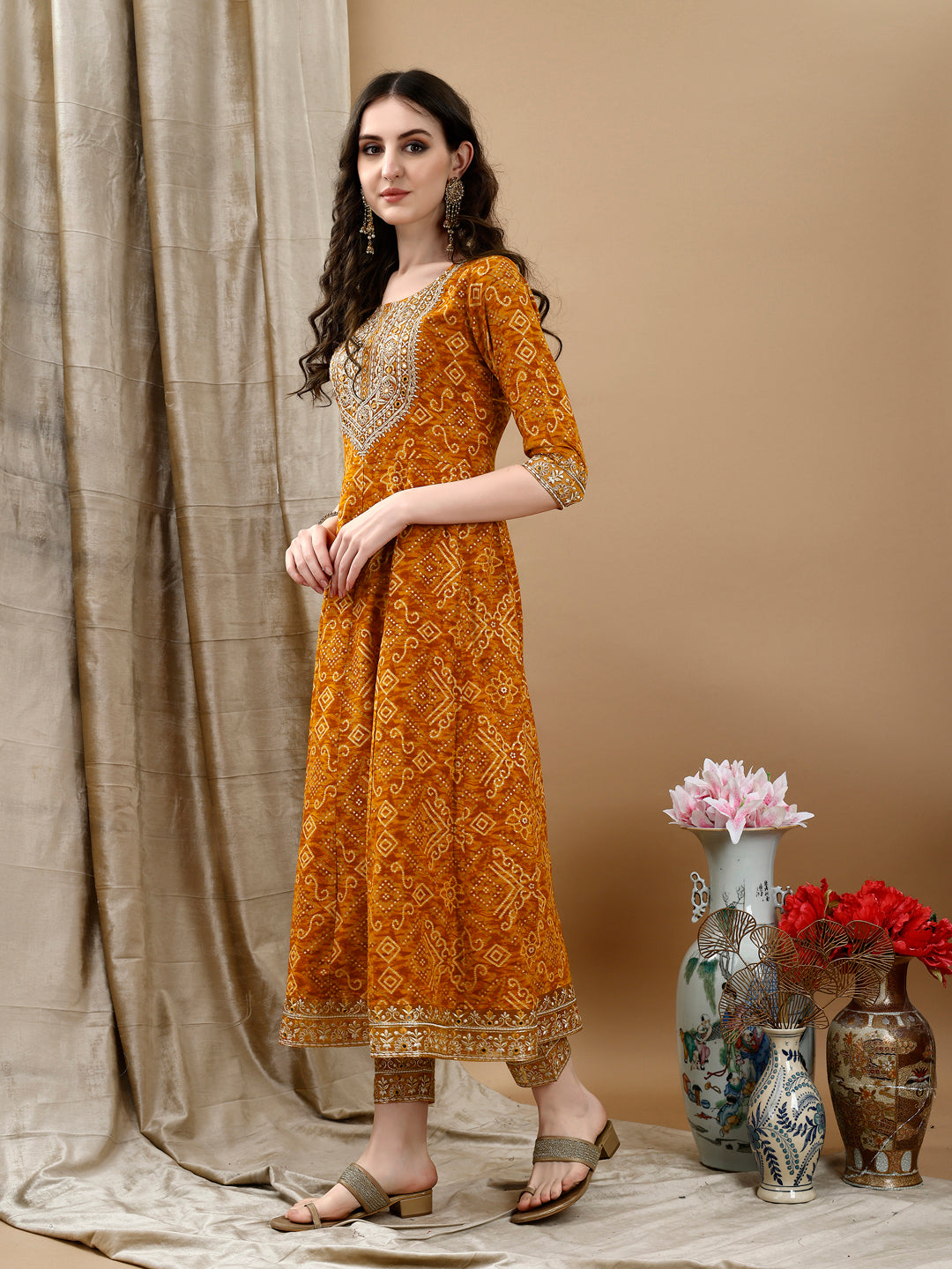 Embroidered & Bandhani Printed Flared Kurta With Pant & Printed Dupatta, Mustard - Hiral Fashion
