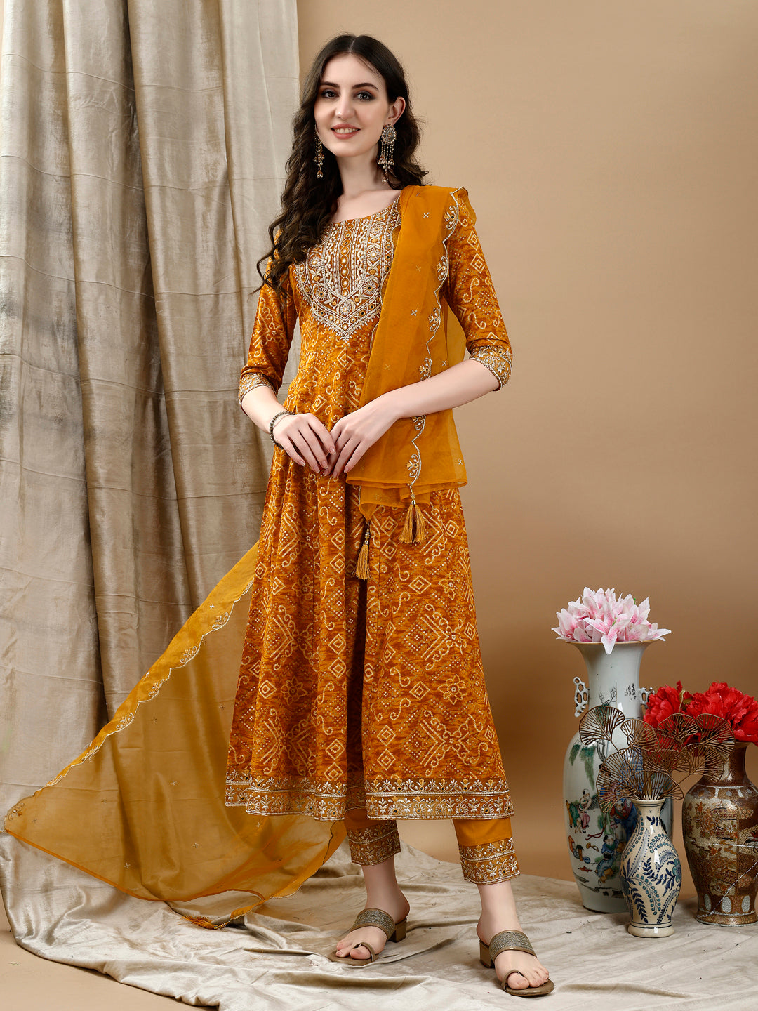 Embroidered & Bandhani Printed Flared Kurta With Pant & Printed Dupatta, Mustard - Hiral Fashion