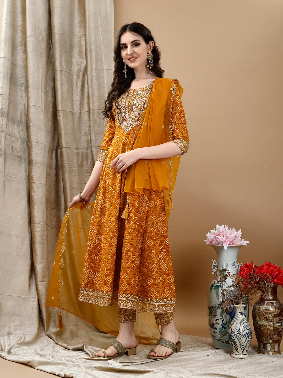 Embroidered & Bandhani Printed Flared Kurta With Pant & Printed Dupatta, Mustard - Hiral Fashion