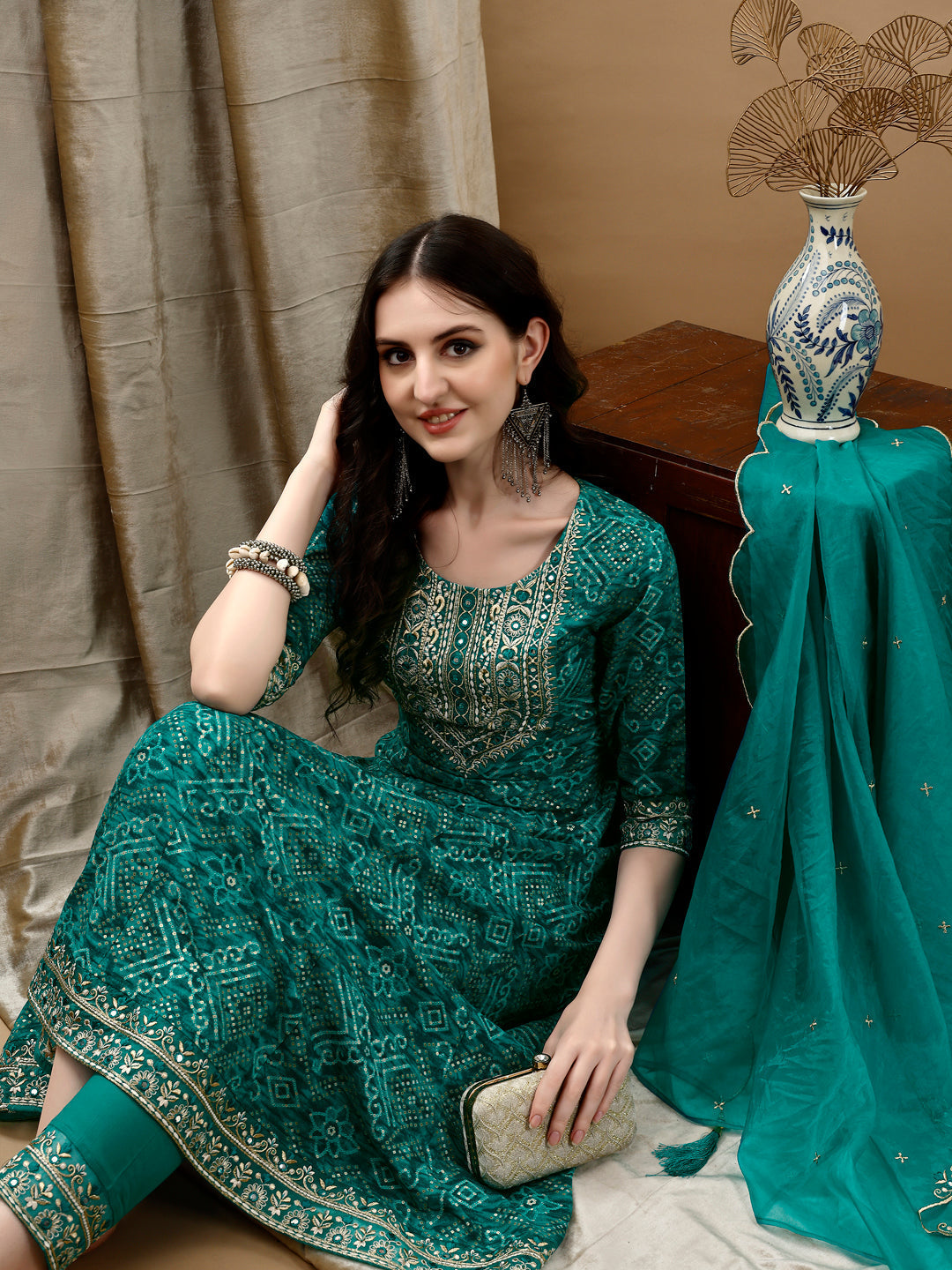 Embroidered & Bandhani Printed Flared Kurta With Pant & Printed Dupatta, Green - Hiral Fashion