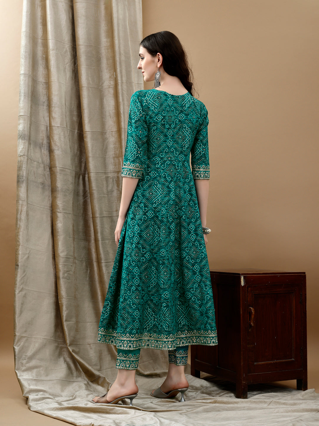 Embroidered & Bandhani Printed Flared Kurta With Pant & Printed Dupatta, Green - Hiral Fashion