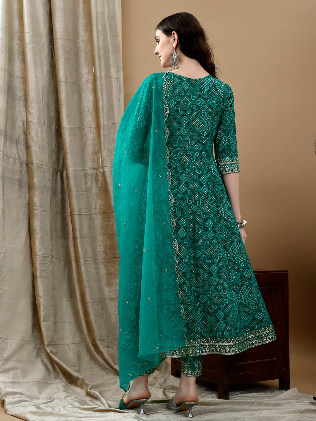 Embroidered & Bandhani Printed Flared Kurta With Pant & Printed Dupatta, Green - Hiral Fashion