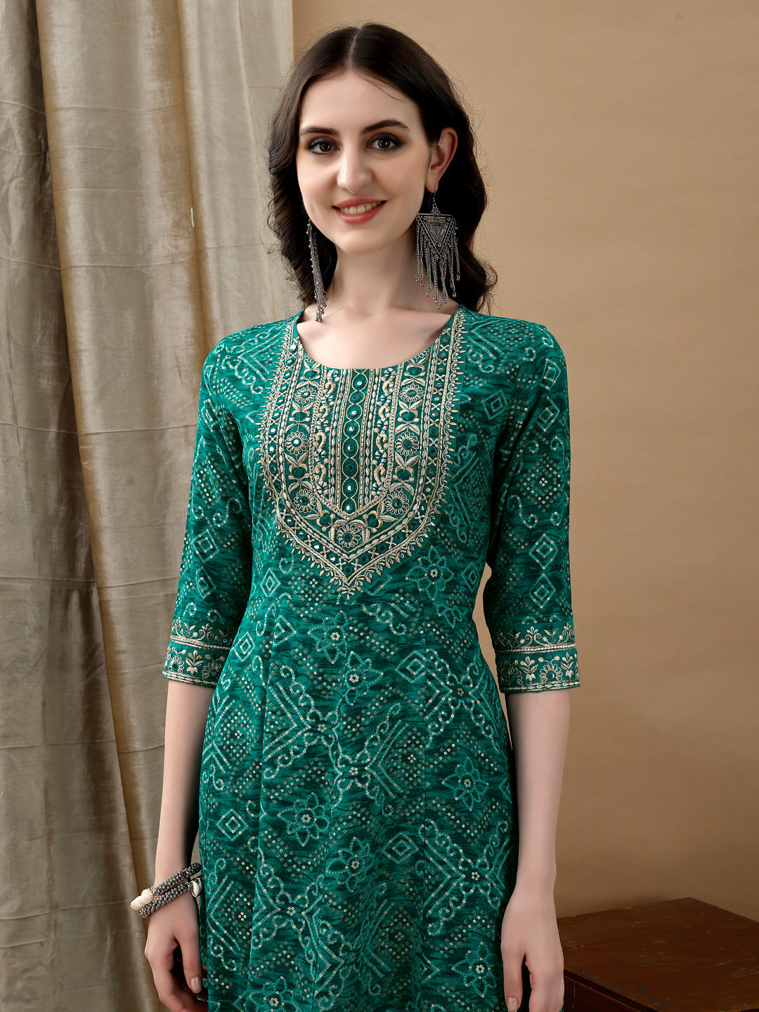 Embroidered & Bandhani Printed Flared Kurta With Pant & Printed Dupatta, Green - Hiral Fashion