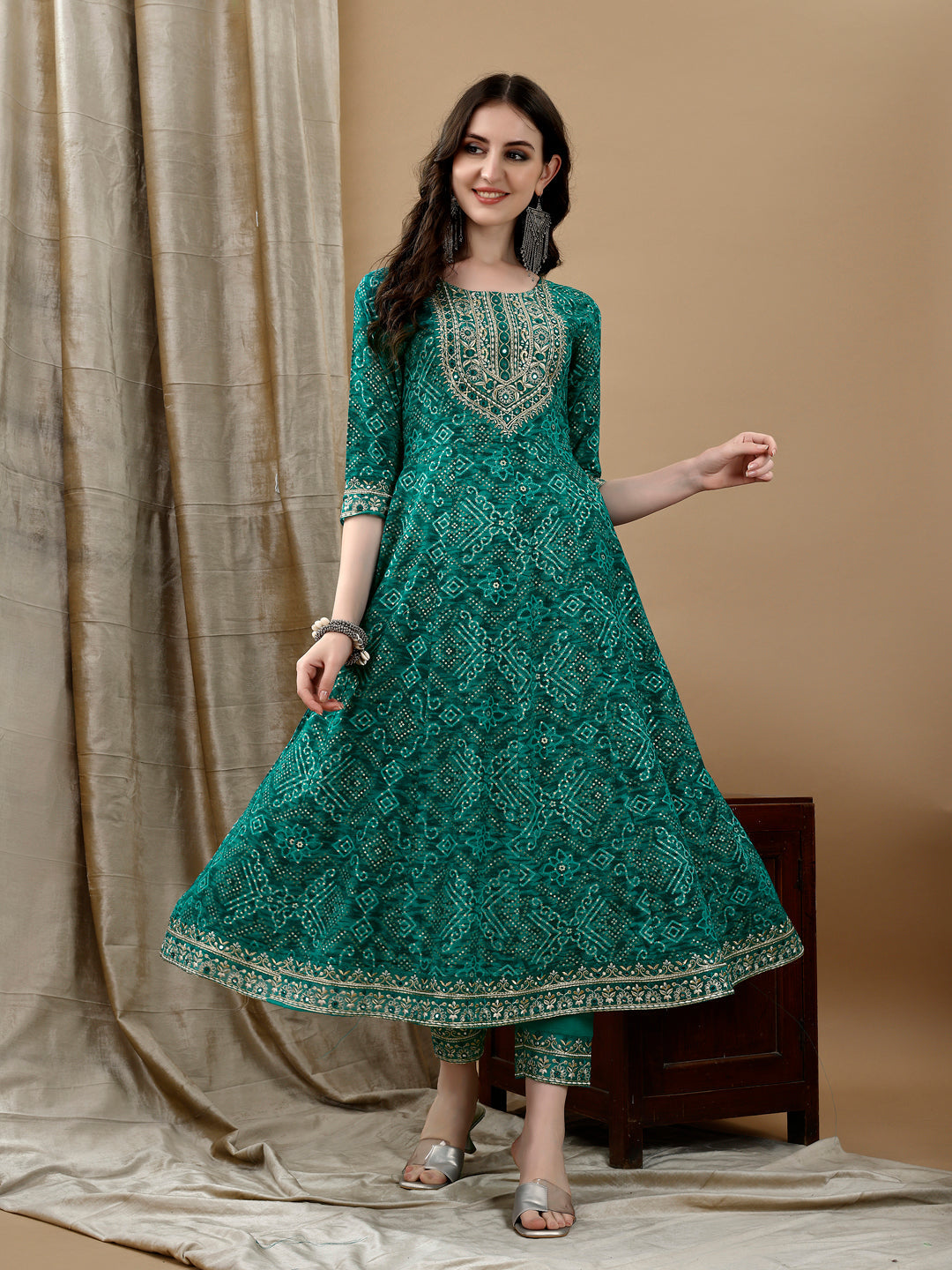 Embroidered & Bandhani Printed Flared Kurta With Pant & Printed Dupatta, Green - Hiral Fashion