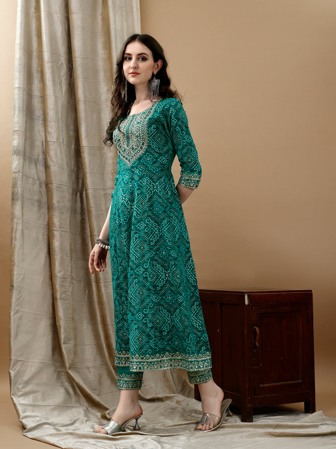 Embroidered & Bandhani Printed Flared Kurta With Pant & Printed Dupatta, Green - Hiral Fashion