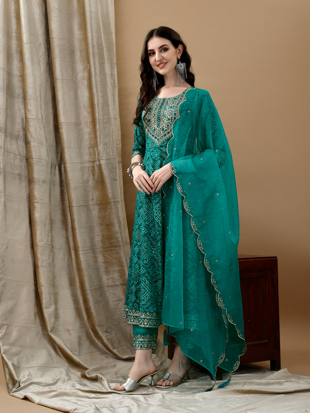 Embroidered & Bandhani Printed Flared Kurta With Pant & Printed Dupatta, Green - Hiral Fashion
