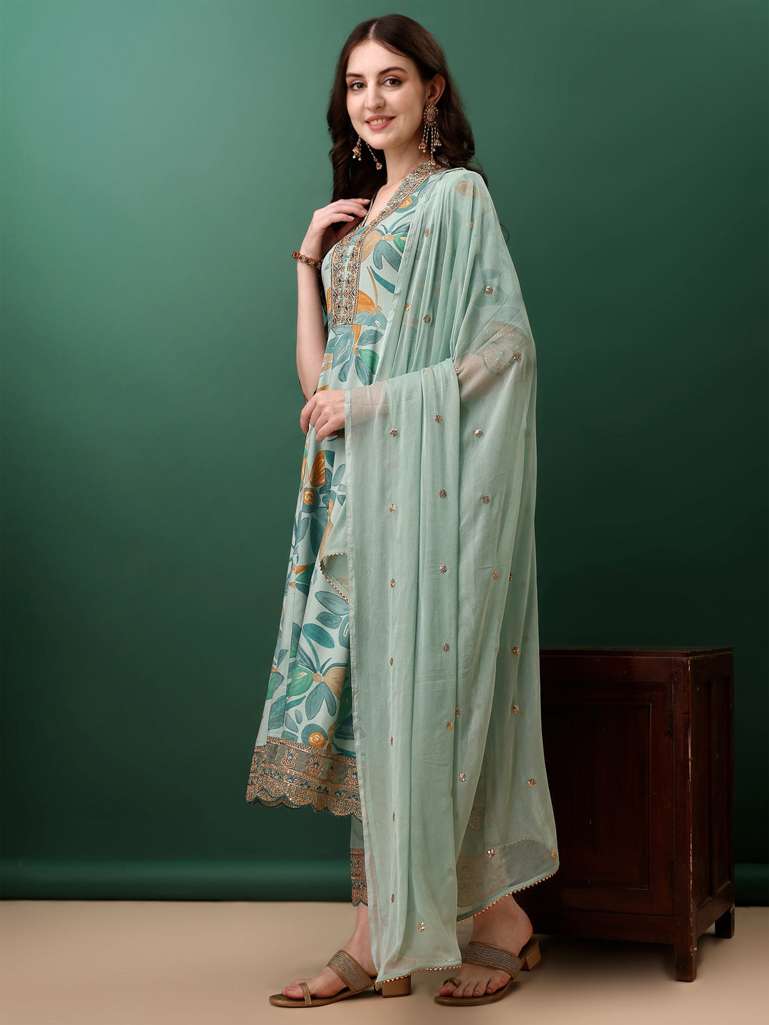 Embroidered & Floral Printed Flared Kurta With Pant & Dupatta, Blue - Hiral Fashion