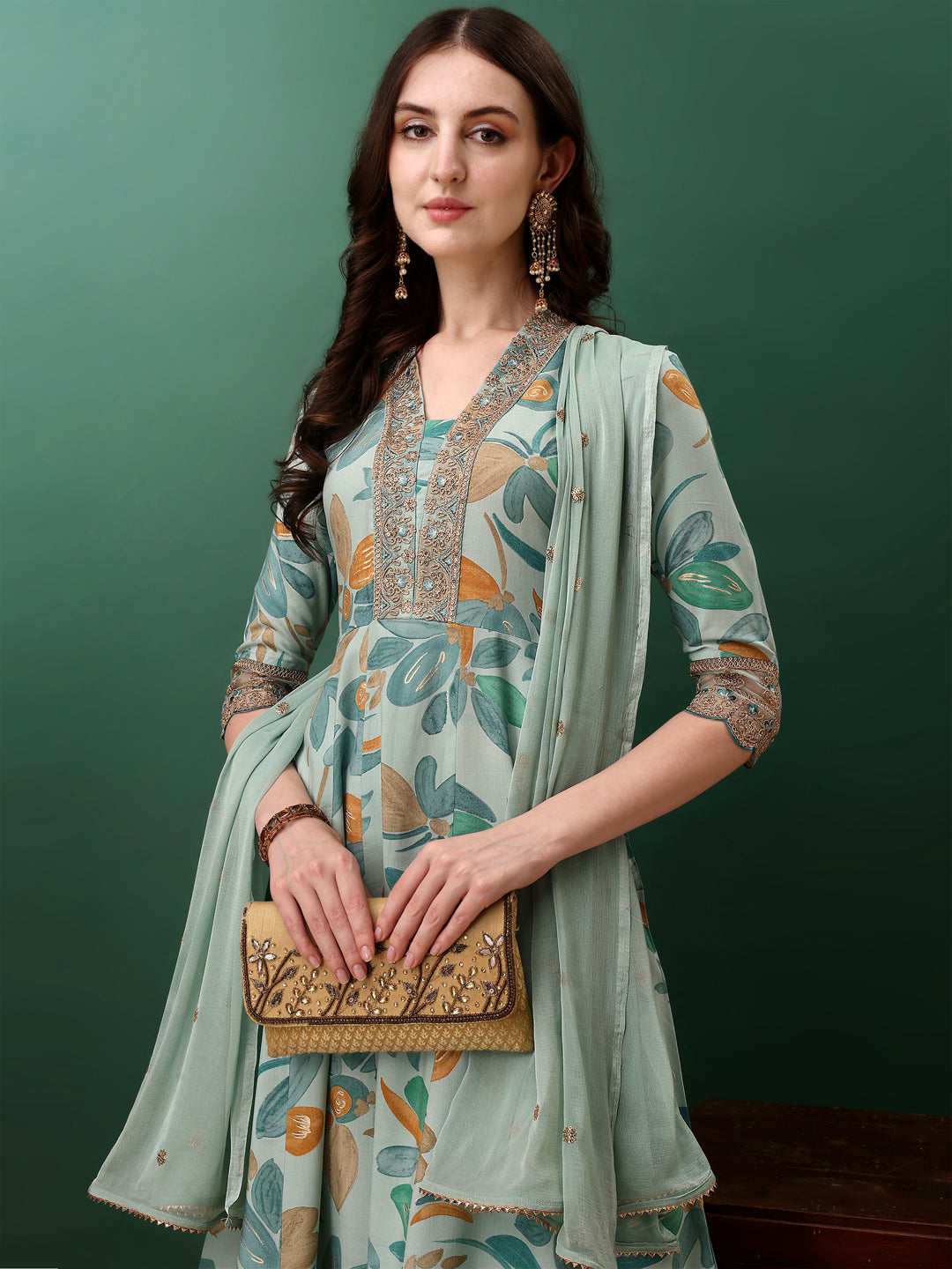 Embroidered & Floral Printed Flared Kurta With Pant & Dupatta, Blue - Hiral Fashion
