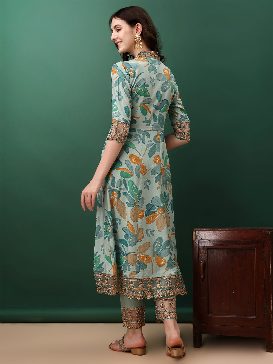 Embroidered & Floral Printed Flared Kurta With Pant & Dupatta, Blue - Hiral Fashion