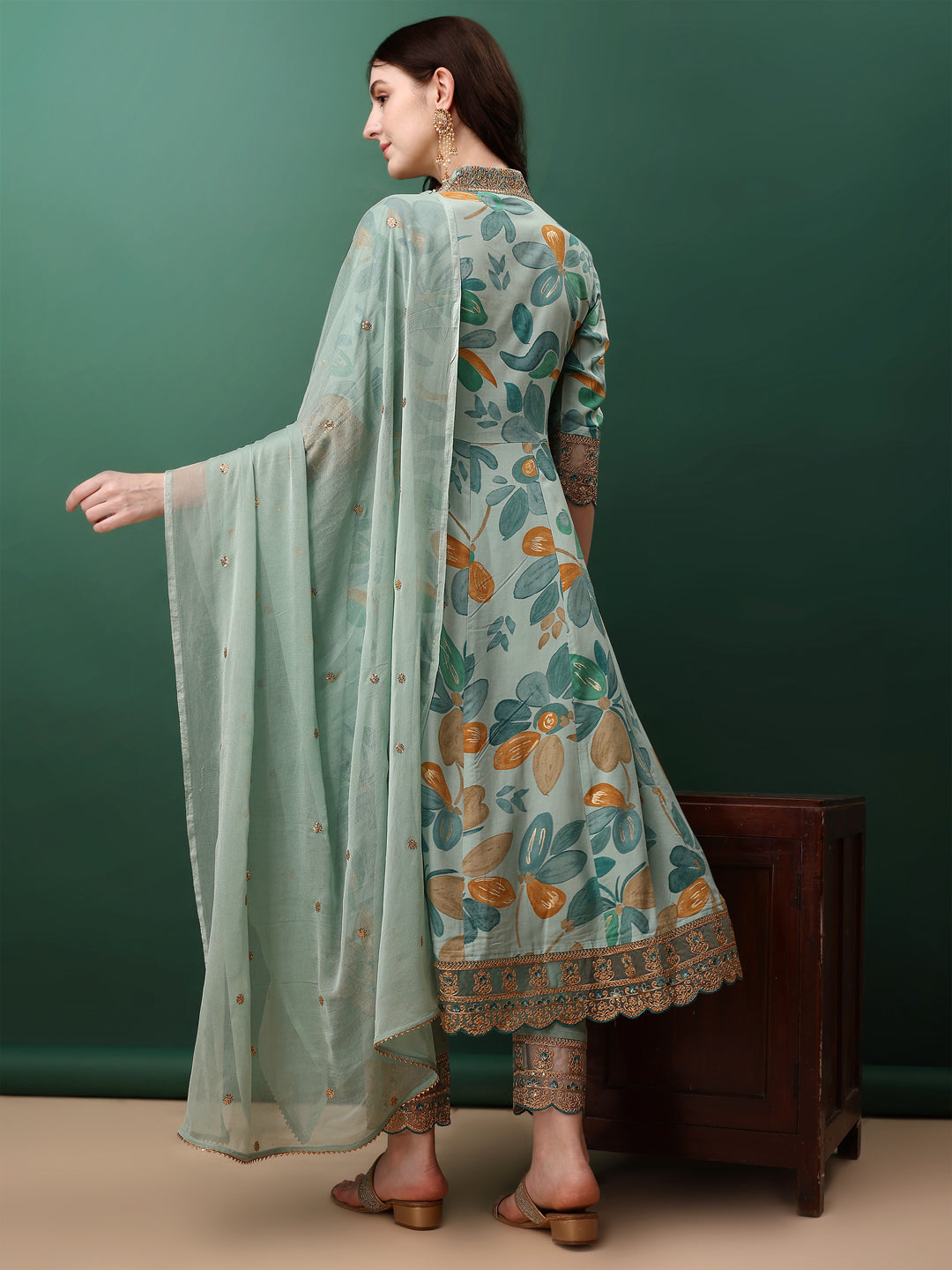 Embroidered & Floral Printed Flared Kurta With Pant & Dupatta, Blue - Hiral Fashion