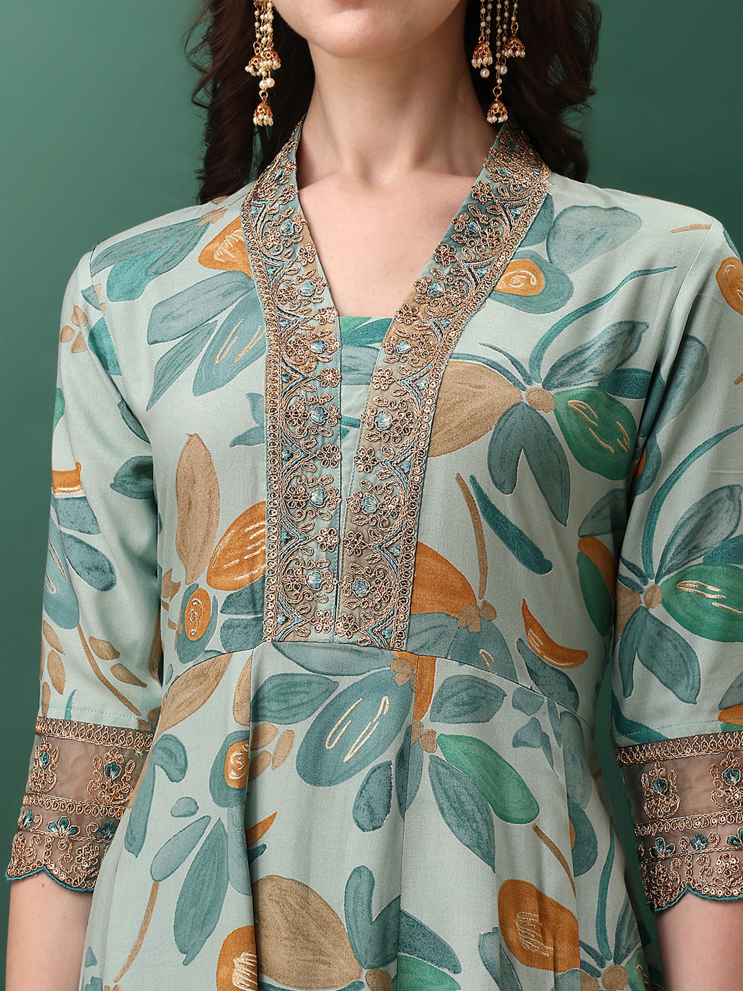Embroidered & Floral Printed Flared Kurta With Pant & Dupatta, Blue - Hiral Fashion