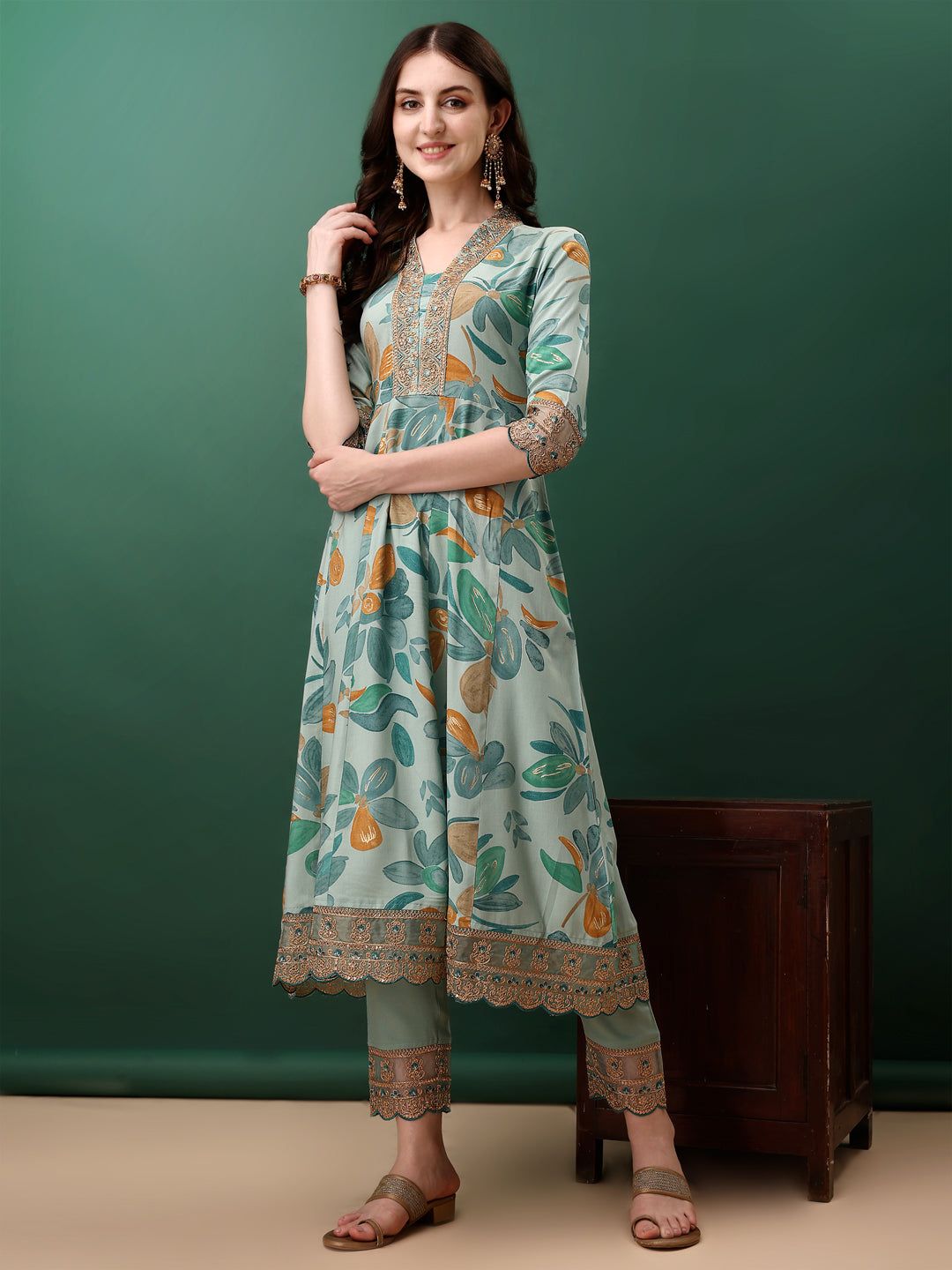 Embroidered & Floral Printed Flared Kurta With Pant & Dupatta, Blue - Hiral Fashion