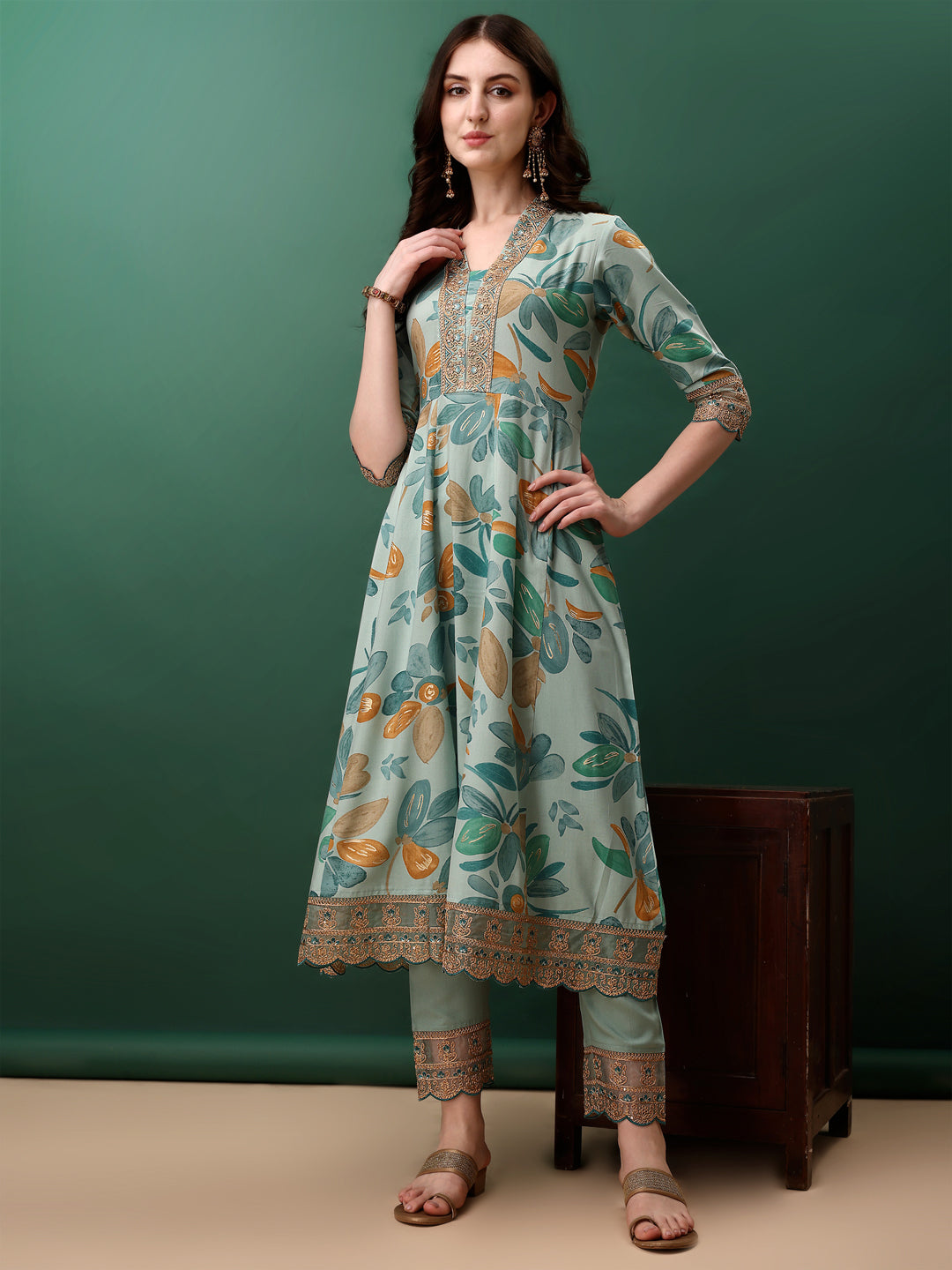 Embroidered & Floral Printed Flared Kurta With Pant & Dupatta, Blue - Hiral Fashion