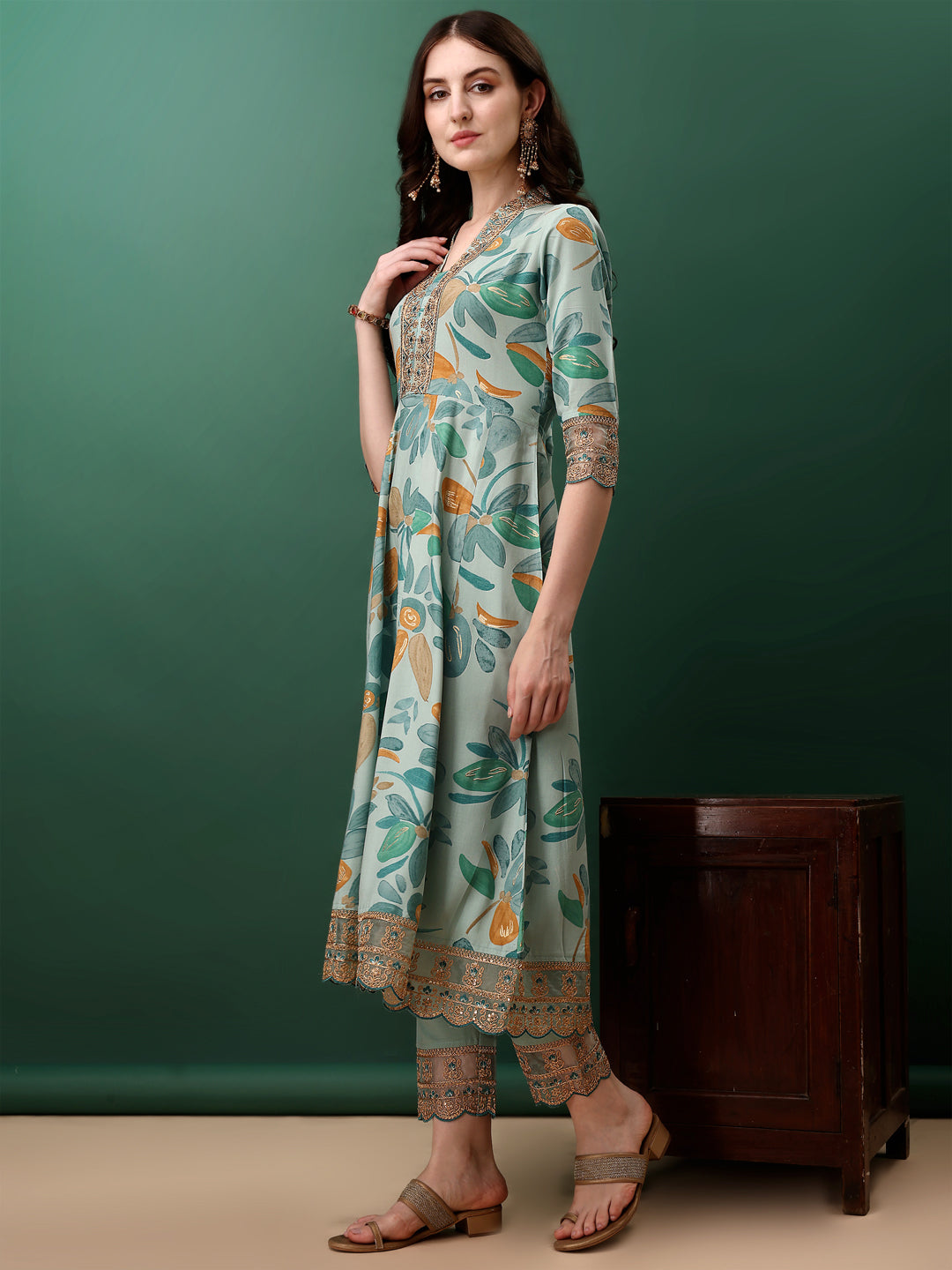 Embroidered & Floral Printed Flared Kurta With Pant & Dupatta, Blue - Hiral Fashion