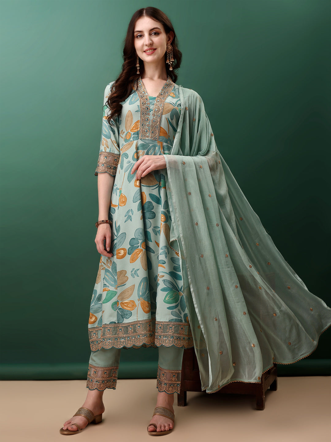 Embroidered & Floral Printed Flared Kurta With Pant & Dupatta, Blue - Hiral Fashion