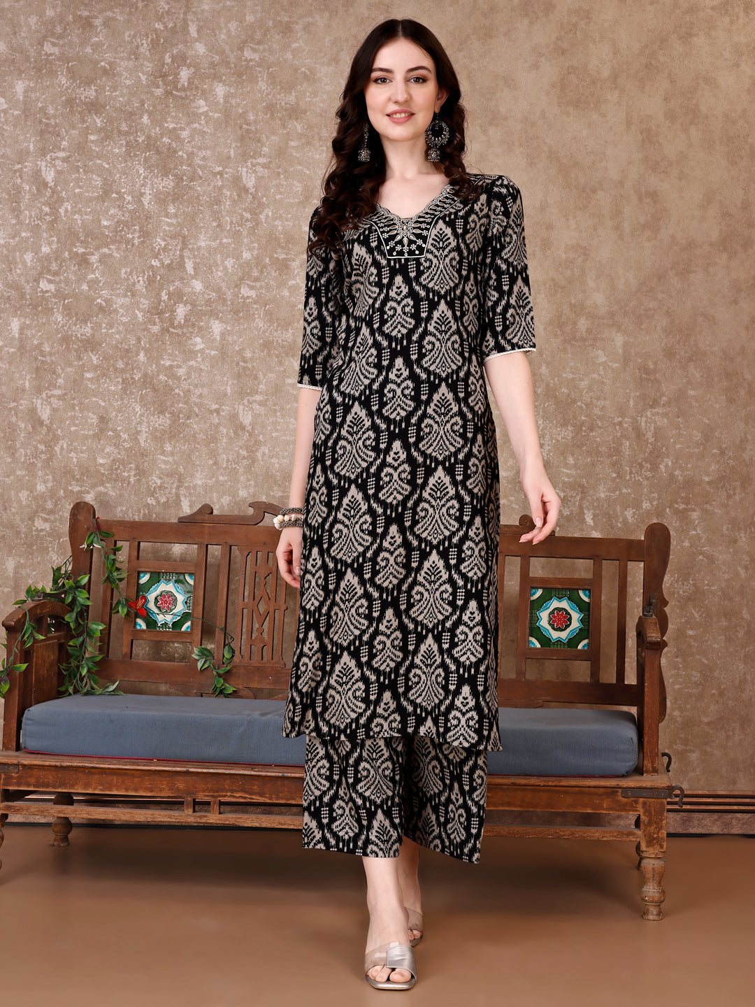 Embroidered & Printed Co Ords Kurta With Pallazo, Black - Hiral Fashion