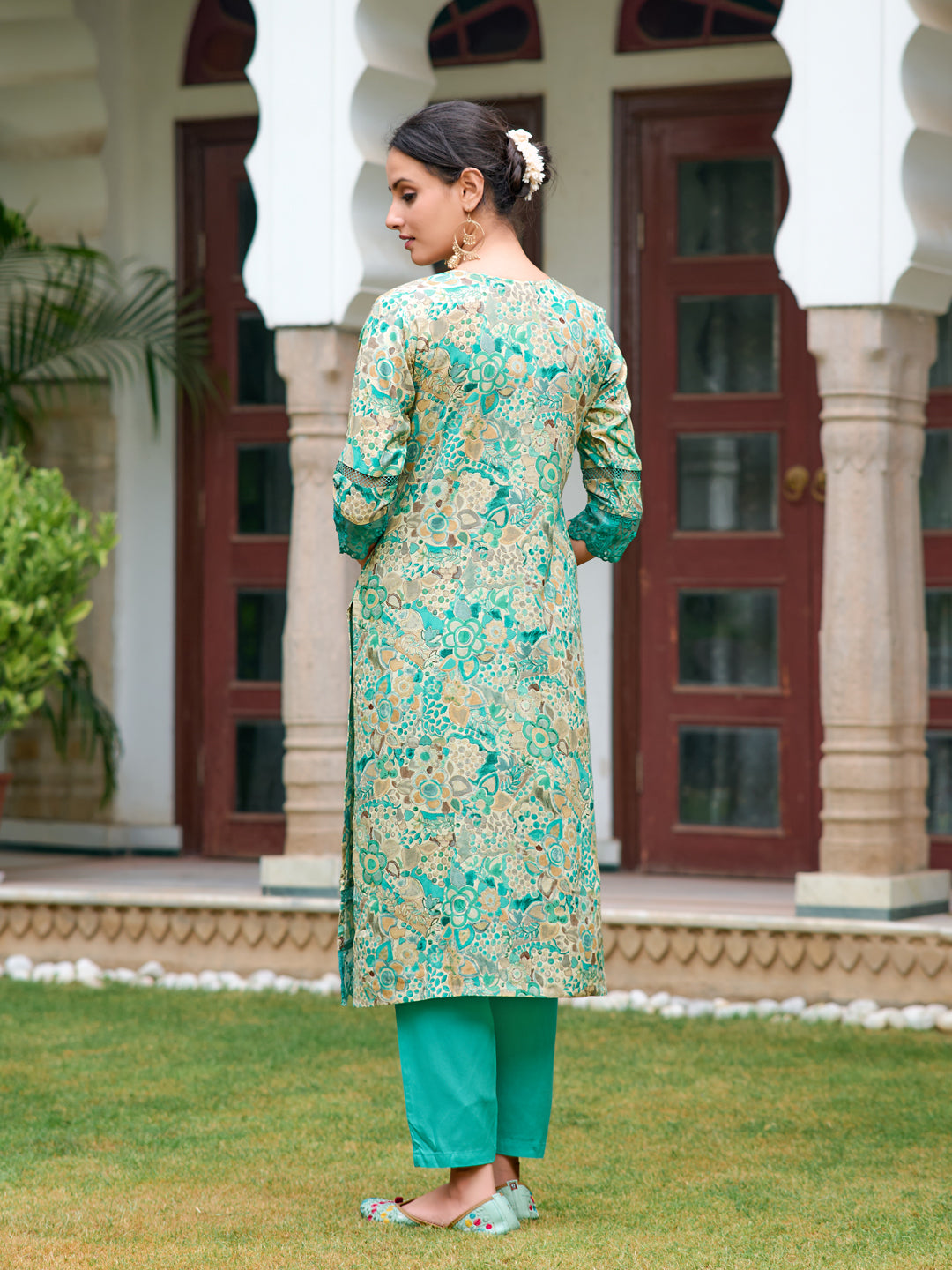 Embroidered & Floral Printed Kurta With Pant & Dupatta, Blue - Hiral Fashion