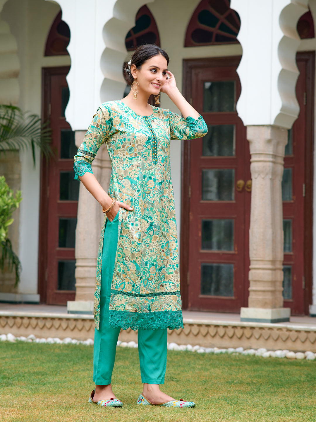 Embroidered & Floral Printed Kurta With Pant & Dupatta, Blue - Hiral Fashion