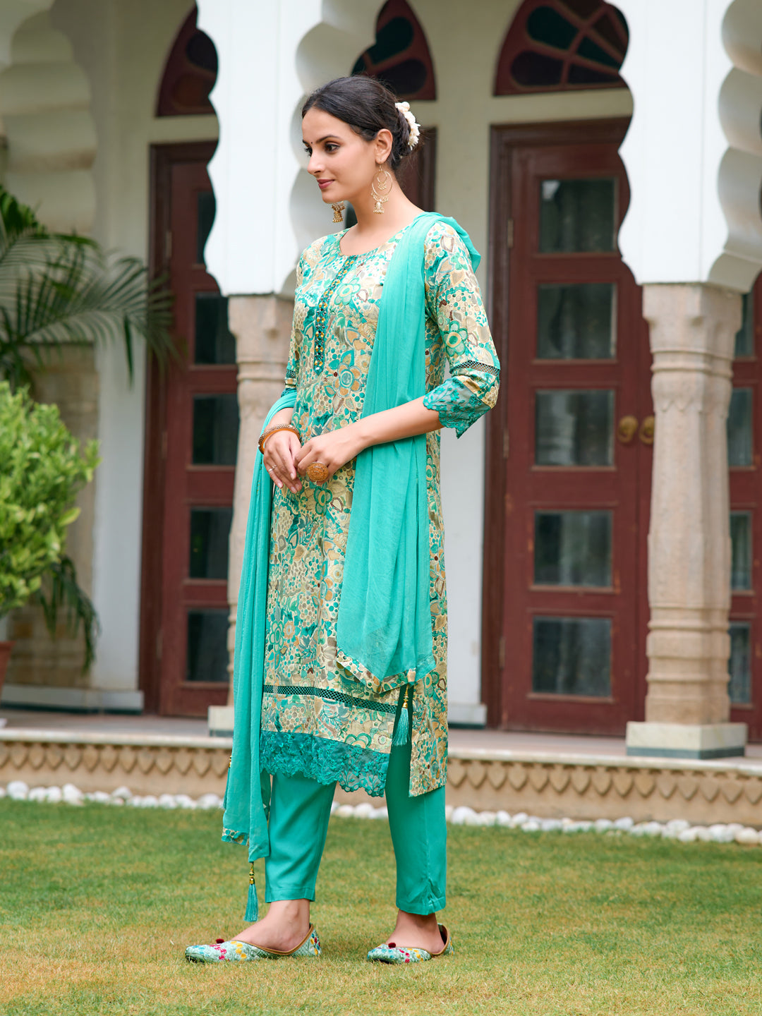 Embroidered & Floral Printed Kurta With Pant & Dupatta, Blue - Hiral Fashion