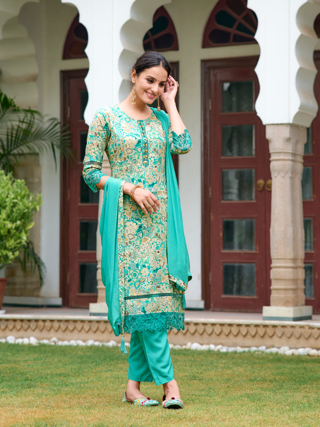 Embroidered & Floral Printed Kurta With Pant & Dupatta, Blue - Hiral Fashion