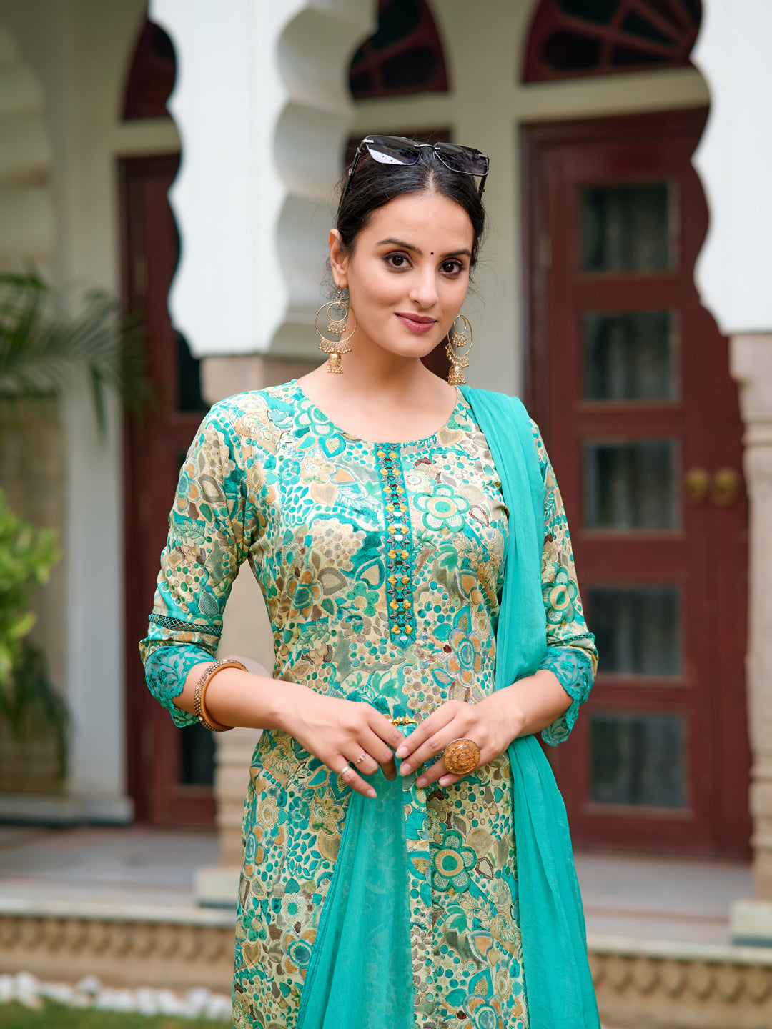 Embroidered & Floral Printed Kurta With Pant & Dupatta, Blue - Hiral Fashion