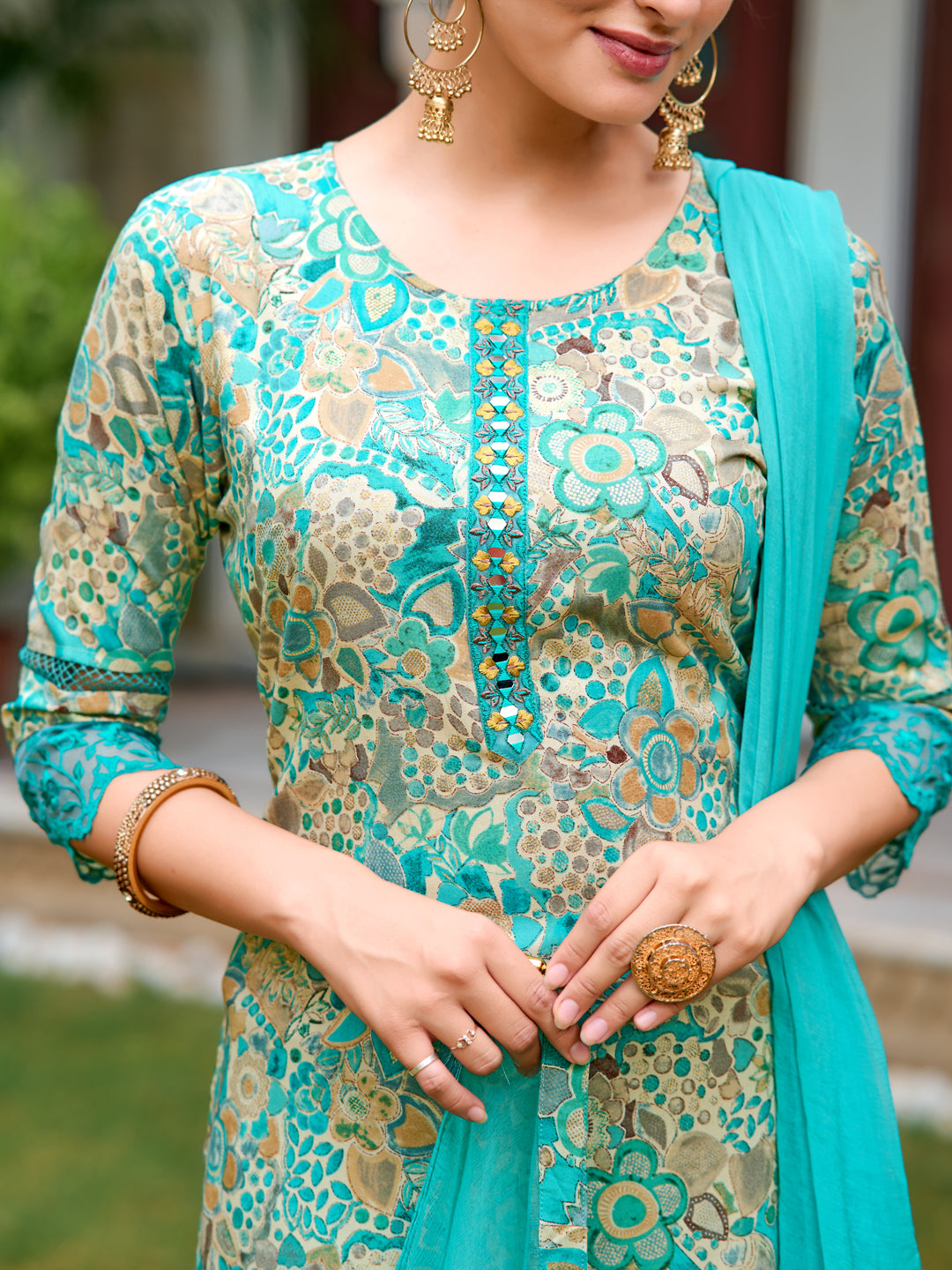Embroidered & Floral Printed Kurta With Pant & Dupatta, Blue - Hiral Fashion