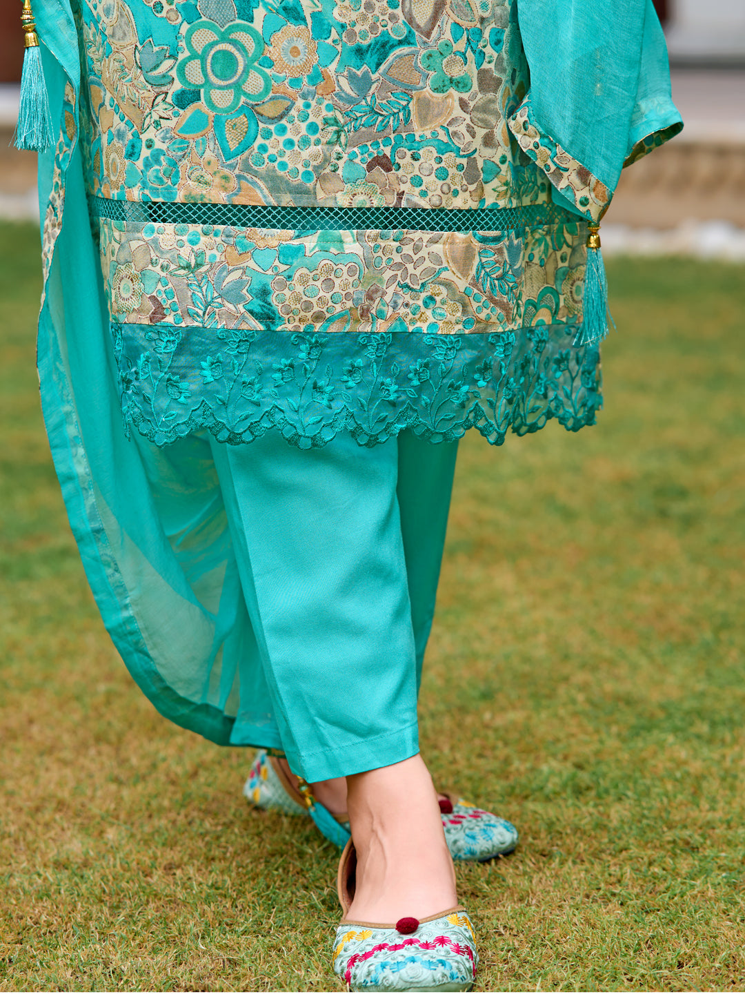 Embroidered & Floral Printed Kurta With Pant & Dupatta, Blue - Hiral Fashion